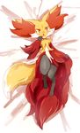  amber_eyes bed_sheet bedding blush cactus_(artist) dakimakura_design delphox feet female full_body half-closed_eyes hand_up hi_res looking_at_viewer lying nintendo on_back pok&eacute;mon pok&eacute;mon_(species) simple_background smile solo toony video_games white_background 