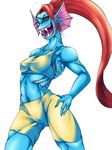  anthro clothing eye_patch eyewear female fish gills hair long_hair looking_at_viewer mammal marine muscular muscular_female nabesiki open_mouth ponytail sharp_teeth simple_background solo standing teeth undertale undyne video_games white_background 