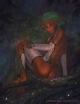  2017 butt clothed clothing detailed digital_media_(artwork) elf fa_plastilinka forest gem grass green_hair hair humanoid looking_at_viewer male naughty_face outside partially_clothed pinup pose sitting skimpy smile solo tree 