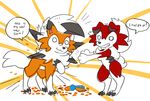  ! 2017 :3 all_fours ambiguous_gender anthro black_nose cactus_(artist) canine cheetos claws cute duo dusk_lycanroc english_text feral food fur grin humor lycanroc mammal midnight_lycanroc nintendo orange_fur paws pointy_ears pok&eacute;mon pok&eacute;mon_(species) red_fur simple_background smile teeth text toony video_games 
