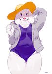  2017 4_fingers anthro biped blue_eyes blush boss_monster breasts caprine claws cleavage clothed clothing digital_drawing_(artwork) digital_media_(artwork) eyelashes female floppy_ears fluffy_ears front_view fur grey_clothing grey_topwear hand_behind_head hat hoodie japanese kemono legs_together looking_at_viewer mammal medium_breasts navel one-piece_swimsuit open_clothing open_jacket open_mouth open_smile purple_clothing purple_topwear shadow slightly_chubby smile solo standing straw_hat swimsuit toriel toto_(artist) undertale video_games voluptuous white_claws white_fur 