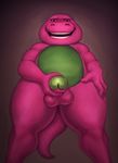  2017 anthro balls barney barney_and_friends biped dagapuff digital_media_(artwork) dinosaur glans humanoid_penis looking_at_viewer low-angle_view male nude open_mouth penis pink_balls purple_scales purple_skin scales scalie simple_background slightly_chubby smile solo standing theropod thick_thighs tyrannosaurus_rex 
