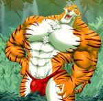  2017 5_fingers abs anthro anthrofied biceps big_pecs biped black_claws black_eyebrows bulge bushes chest_tuft claws clothed clothing detailed_background digital_media_(artwork) disney eyebrows fangs feline front_view fur hand_on_hip hi_res huge_muscles hyper hyper_muscles jungle jungle_book male mammal miguel_okami multicolored_fur multicolored_tail muscular nipples open_mouth orange_eyes orange_fur orange_tail outside pecs pink_nipples pink_nose pink_tongue portrait red_bottomwear red_clothing red_fur red_stripes red_tail red_underwear shere_khan signature solo standing striped_fur striped_tail stripes thong three-quarter_portrait tiger tongue topless tuft two_tone_tail underwear whiskers white_fur yellow_sclera 
