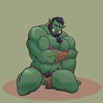  2017 balls biceps body_hair chest_hair clothed clothing digital_media_(artwork) foreskin green_skin hair hairy_balls hi_res humanoid loincloth male mostly_nude muscular muscular_male nipples not_furry orc partially_clothed pecs penis piercing red_eyes rheobear scruffymusk solo topless tusks 