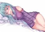  alternate_costume aqua_eyes aqua_hair bare_shoulders blush breasts closed_mouth commentary_request detached_sleeves dress fingering frilled_pillow frills hair_ornament hairclip kantai_collection large_breasts long_hair long_sleeves looking_at_viewer lying masturbation no_legwear on_side open_mouth pillow purple_sweater simple_background sleeveless sleeveless_turtleneck sleeves_past_wrists solo suzuya_(kantai_collection) sweater sweater_dress tareme thighs turtleneck turtleneck_sweater white_background yukishiro_arute 