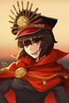  absurdres alternate_hair_length alternate_hairstyle bangs black_hair black_shirt blunt_bangs breasts cape chain commentary_request fate_(series) gaoyang_ou_nisang grin hat highres koha-ace looking_at_viewer medium_breasts oda_nobunaga_(fate) parted_lips red_cape red_eyes shirt short_hair short_sleeves smile solo upper_body 
