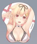  armpits bangs blonde_hair bra breast_mousepad breasts cleavage commentary_request dan_(kumadan) fangs hair_flaps kantai_collection long_hair looking_at_viewer medium_breasts mousepad open_mouth poi red_eyes remodel_(kantai_collection) revision smile solo underwear yuudachi_(kantai_collection) 