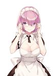  adjusting_eyewear aiko_(kanl) apron bangs black_ribbon blunt_bangs breasts cleavage cleavage_cutout collar commentary eyebrows_visible_through_hair fate/grand_order fate_(series) glasses hair_between_eyes hair_over_one_eye hand_on_eyewear hands_up highres large_breasts lavender_hair maid maid_apron maid_headdress mash_kyrielight neck_ribbon purple_eyes ribbon short_hair signature simple_background smile solo waist_apron white_background wing_collar wrist_cuffs 
