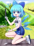  1girl :d ahoge bangs blue_dress blue_eyes blue_hair blue_nails blue_sky blurry blurry_background blush bracelet bush cirno collared_dress commentary dress eyelashes frog gloves golf golf_club golf_course holding holding_golf_club ice ice_wings jewelry looking_at_viewer mercedes-benz nail_polish open_mouth path shiny shiny_hair shoes short_hair short_sleeves sky smile sneakers solo sseopik thighs touhou white_footwear white_gloves wing_collar wings 