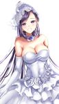  alternate_costume bare_shoulders breasts bridal_veil bride cleavage commentary_request dragon_quest dragon_quest_xi dress elbow_gloves flower gloves gorua_(youce01) jewelry large_breasts long_hair looking_at_viewer martina_(dq11) necklace ponytail purple_eyes purple_hair simple_background solo veil wedding wedding_dress white_background white_dress white_gloves 