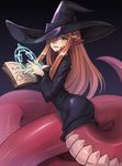  :d animal_ears bangs black_dress black_hat blue_background book breasts casting_spell commission dress eyebrows_visible_through_hair gradient gradient_background hair_ornament halloween_costume hat highres holding holding_book jewelry lamia large_breasts long_hair looking_at_viewer looking_to_the_side magic_circle miia_(monster_musume) monster_girl monster_musume_no_iru_nichijou open_book open_mouth orange_hair pointy_ears red_eyes ring scales smile solo sookmo wedding_band witch witch_hat yellow_eyes 