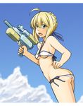  :d ahoge alto-00 aqua_eyes artoria_pendragon_(all) artoria_pendragon_(swimsuit_archer) ass bikini blonde_hair braid breasts butt_crack cloud day fate/grand_order fate_(series) halterneck head_tilt highres looking_at_viewer looking_to_the_side navel open_mouth side-tie_bikini sky small_breasts smile solo swimsuit water_gun 