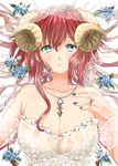  animal_ears bare_shoulders blue_eyes breasts cleavage eroriru flower hair_between_eyes horns jewelry large_breasts looking_at_viewer nail_polish necklace original red_hair sheep_ears sheep_girl sheep_horns solo strapless upper_body veil 