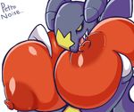  anthro big_breasts black_sclera breasts female garchomp holding_breast huge_breasts nintendo nipples petronoise pok&eacute;mon pok&eacute;mon_(species) red_nipples reptile scalie simple_background solo toony video_games white_background yellow_eyes 