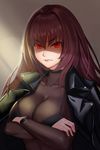  black_jacket breasts brown_hair cleavage closed_mouth commentary_request crossed_arms eyebrows_visible_through_hair fate/grand_order fate_(series) frown gaoyang_ou_nisang hair_between_eyes hair_intakes jacket jacket_on_shoulders large_breasts long_hair long_sleeves looking_at_viewer red_eyes scathach_(fate)_(all) scathach_(fate/grand_order) see-through shaded_face solo sunlight upper_body 