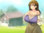  1girl animal arms_behind_back bare_shoulders blonde_hair blurry_background blush breasts collarbone cowboy_shot day field grass highres house huge_breasts long_hair long_skirt looking_at_viewer makeikusa_no_gofujin_wa_hisan_da_yo mole off_shoulder original outdoors parted_lips red_eyes skirt sky smile solo standing trees yoko_juusuke 