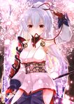  arm_at_side arm_up armor asymmetrical_clothes bangs blurry blurry_background blush brown_gloves cherry_blossoms contrapposto cowboy_shot detached_sleeves evening fate_(series) fingerless_gloves gloves hair_between_eyes hair_ornament highres holding holding_weapon iroha_(shiki) japanese_armor japanese_clothes kimono long_hair looking_at_viewer mouth_hold obi obiage obidome obijime outdoors petals ponytail red_eyes red_ribbon ribbon sash sheath short_kimono shorts shoulder_armor side_slit side_slit_shorts sidelocks sleeveless sleeveless_kimono sode solo standing sword tomoe_gozen_(fate/grand_order) turtleneck unsheathing weapon white_hair white_kimono 