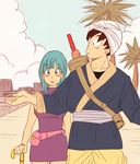  1girl black_eyes black_hair blue_eyes blue_hair blue_shirt bulma cloud cloudy_sky coconut_tree day dragon_ball dress expressionless eyebrows_visible_through_hair looking_up miiko_(drops7) nyoibo outstretched_hand palm_tree shirt short_hair sky son_gokuu tree turban 