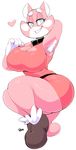  &lt;3 2017 anthro arm_above_head armpit_hair big_breasts breasts cat clothed clothing crouching feline female footwear fur hi_res huge_breasts looking_at_viewer mammal pink_fur shima_luan simple_background smile solo super_planet_dolan thick_thighs vimhomeless wide_hips 