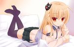  :p bed black_legwear blonde_hair blush braid erniang highres looking_at_viewer lying mask mask_on_head naughty_face no_shoes on_stomach pillow red_eyes school_uniform shiranui_(zhan_jian_shao_nyu) side_braid simple_background solo thighhighs tongue tongue_out zhan_jian_shao_nyu 