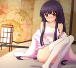  ass bangs bare_shoulders bed_sheet black_hair blush bow breasts brown_eyes camisole closed_mouth collarbone commentary_request convenient_leg eyebrows_visible_through_hair feet_out_of_frame frilled_shirt_collar frills highres houraisan_kaguya indoors japanese_clothes kimono knees_up long_hair long_sleeves looking_at_viewer no_pants no_shoes nose_blush pink_kimono sidelocks sitting small_breasts solo sweat tatami teoi_(good_chaos) thighhighs thighs touhou very_long_hair white_bow white_legwear wide_sleeves 