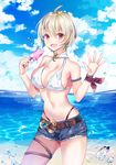  ahoge blade_&amp;_soul blonde_hair blush breasts cleavage denim denim_shorts eyebrows_visible_through_hair large_breasts looking_at_viewer navel open_mouth pink_eyes short_hair short_shorts shorts smile solo swimsuit water_drop yuja 
