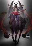  1girl bare_shoulders breasts clarinet demon_girl demon_wings double_\m/ glowing_eyes horse instrument kww868 large_breasts leggings long_hair midriff no_bra no_pupils purple_legwear red_eyes riding tagme violin 