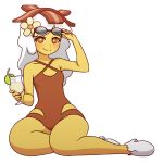  1girl adventure_time bacon breakfast_princess breasts brown_eyes brown_swimsuit cup drinking drinking_glass drinking_straw flower food full_body hair_flower hair_ornament lime_slice mike_inel sitting small_breasts smile solo sunglasses swimsuit white_hair yokozuwari 