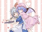  ;o ^_^ apron bat_wings blue_dress blue_hair blush bow braid closed_eyes commentary_request cowboy_shot cup dress fang fang_out glomp hair_ribbon hat hat_bow heart hug hug_from_behind izayoi_sakuya kototoki maid maid_headdress mob_cap multiple_girls one_eye_closed puffy_short_sleeves puffy_sleeves red_eyes remilia_scarlet ribbon short_hair short_sleeves silver_hair simple_background skirt skirt_set smile spilling striped striped_background teacup touhou tray tress_ribbon twin_braids waist_apron wings 