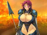  1girl armor belt blush breasts brown_gloves cape closed_mouth cowboy_shot gloves highres holding holding_weapon huge_breasts impossible_clothes legs leotard long_hair looking_at_viewer makeikusa_no_gofujin_wa_hisan_da_yo mound_of_venus necklace original pendant pink_eyes purple_hair shoulder_pads solo standing thighs weapon yoko_juusuke 