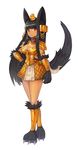  alternate_costume animal_ears anubis_(monster_girl_encyclopedia) arm_at_side armlet belt_collar black_hair breasts claws cleavage collar commission crossed_legs dark_skin eyebrows_visible_through_hair full_body hand_on_hip highres jewelry long_hair looking_at_viewer medium_breasts monster_girl monster_girl_encyclopedia parted_lips paws red_eyes scale_armor shoulder_armor sickle simple_background solo sookmo spaulders standing tail tail_raised very_long_hair watson_cross weapon white_background 