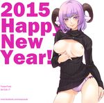  2015 animal_ears artist_name black_sweater breasts breasts_apart breasts_outside clothes_lift contrapposto cowboy_shot dated dress happy_new_year highres horns jewelry long_sleeves looking_at_viewer medium_breasts meme_attire necklace new_year nipples open-chest_sweater original panties purple_eyes purple_hair purple_panties ribbed_sweater sheep_ears sheep_girl sheep_horns smile solo standing sweater sweater_dress sweater_lift tenjou_tsuki turtleneck turtleneck_sweater underwear watermark web_address 