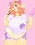  anthro big_breasts breasts caprine clothed clothing female huge_breasts lipstick looking_at_viewer makeup mammal mirror overweight slightly_chubby smile solo standing tweedabop 