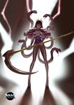  1girl absurdres artist_name bangs breasts capelet green_eyes kww868 large_breasts leotard looking_to_the_side monster_girl no_bra pantyhose pigeon-toed pointy_ears purple_shoes scythe shoes solo standing strapless weapon 