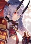  armor breasts commentary_request fate/grand_order fate_(series) fingerless_gloves gloves hand_on_hilt headband horns japanese_armor katana long_hair looking_at_viewer medium_breasts oni_horns red_eyes shirabi shoulder_armor silver_hair sketch smile sode solo sword tomoe_gozen_(fate/grand_order) upper_body weapon 