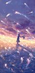  blue_sky capelet cloud cloudy_sky commentary_request day dress fantasy from_side highres light_particles long_hair ocean original profile sakimori_(hououbds) scenery sky solo sunlight sunset very_long_hair wading water water_surface 