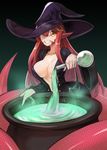  animal_ears bangs black_dress black_hat breasts cauldron cleavage commission dress eyebrows_visible_through_hair gradient gradient_background green_background grin hair_between_eyes hair_ornament halloween_costume hat highres holding jewelry lamia large_breasts long_hair looking_at_viewer miia_(monster_musume) monster_girl monster_musume_no_iru_nichijou open_clothes open_dress pointy_ears potion red_eyes red_hair ring scales smile solo sookmo vial wedding_band witch witch_hat yellow_eyes 