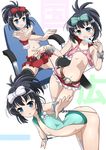  :d armpits ass ass_visible_through_thighs bare_arms bare_shoulders belt bent_over black_hair black_legwear blue_eyes blush bottomless bow breasts cuffs facial_mark flat_chest food green_bow groin hair_bow highres kunihiro_hajime looking_at_viewer microskirt multiple_views navel no_panties o-ring_belt open_mouth ponytail popsicle pussy red_bow revealing_clothes saki simple_background single_thighhigh sitting skirt small_breasts smile spread_legs star thighhighs tongue vest white_background white_bow white_legwear xiao_rui_rui 