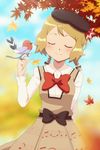  absurdres arm_at_side autumn_leaves beamed_eighth_notes bird bird_on_hand black_bow black_hat blue_sky blush bow bowtie braid brown_skirt closed_eyes day dotted_half_note eighth_note fletchling gazing_eye gen_6_pokemon hand_up hat highres leaf long_sleeves musical_note musical_note_print outdoors pokemon pokemon_(anime) pokemon_(creature) pokemon_xy_(anime) quarter_note red_bow red_neckwear serena_(pokemon) short_hair skirt sky smile staff_(music) standing 