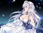  :3 azur_lane bangs bare_shoulders belfast_(azur_lane) blue_eyes blurry blush braid breasts broken broken_chain chain cleavage closed_mouth collar collarbone corset depth_of_field double-breasted eyebrows_visible_through_hair finger_to_mouth french_braid frills gloves kayase large_breasts long_hair looking_at_viewer looking_to_the_side machinery maid_headdress shiny shiny_skin silver_hair skirt skirt_hold sleeveless smile solo sparkle upper_body very_long_hair white_gloves white_skirt 