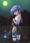  00s 1girl blue_hair blush female garters hairband highres horii_kumi injury kimura_takahiro lingerie long_hair looking_at_viewer looking_back lou_roux night scan shinkon_gattai_godannar!! sky solo tears torn_clothes underwear 