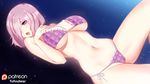  absurdres bikini breasts bright_pupils cleavage dutch_angle fate/grand_order fate_(series) frill_trim gradient gradient_background hair_over_one_eye hand_on_own_chest highres large_breasts leg_up mash_kyrielight open_mouth paid_reward patreon_logo patreon_reward patreon_username pink_hair plaid plaid_bikini purple_bikini purple_eyes short_hair side-tie_bikini simple_background solo swimsuit tofuubear 