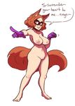  absurdres animal_ears breasts brown_eyes brown_hair collarbone domino_mask gloves highres mask nipples nude okumura_haru persona persona_5 pointing pussy scruffyturtles short_hair smile solo tail uncensored 
