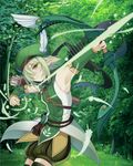  arrow bow_(weapon) capelet elf feathers futaba_aoi_(princess_connect!) green_hat hat hat_feather highres light_green_hair outdoors pointy_ears princess_connect! quiver serious short_hair standing tahnya thighhighs weapon 