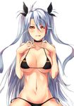  :p antenna_hair azur_lane bangs bikini black_bikini blush breasts breasts_apart brown_eyes choker collarbone commentary_request cowboy_shot eyebrows_visible_through_hair eyes_visible_through_hair hair_between_eyes hair_ribbon hands_on_own_chest hands_up highres large_breasts long_hair looking_at_viewer mole mole_on_breast multicolored_hair navel prinz_eugen_(azur_lane) ribbon shimozuki_shio side-tie_bikini sidelocks silver_hair simple_background solo swimsuit tongue tongue_out two-tone_hair two_side_up v-shaped_eyebrows very_long_hair white_background 