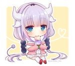  blue_eyes chibi commentary dragon_girl dragon_horns dragon_tail eating food hair_bobbles hair_ornament hairband holding horns ice_cream ice_cream_cone kanna_kamui kobayashi-san_chi_no_maidragon let looking_at_viewer low_twintails mary_janes purple_hair shoes short_hair solo tail thighhighs twintails twitter_username yukiyuki_441 zettai_ryouiki 