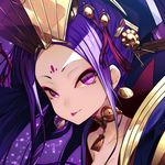  :p breasts choker cleavage close-up closed_mouth earrings face facial_mark fate/grand_order fate_(series) forehead_mark from_side hair_ornament headdress highres jewelry long_hair looking_at_viewer necklace purple_eyes purple_hair small_breasts smile solo soya_(torga) tongue tongue_out wu_zetian_(fate/grand_order) 