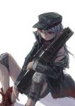  absurdres assault_rifle between_legs boots closed_mouth feet_out_of_frame g11_(girls_frontline) girls_frontline grey_hair gun hair_between_eyes hand_between_legs hat high_collar highres holding holding_gun holding_weapon jacket knee_pads long_sleeves looking_to_the_side off_shoulder red_footwear rifle scope sitting solo treeware weapon yellow_eyes 