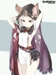 animal_ears armpits arms_behind_head character_name cloak copyright_name erune frilled_skirt frills granblue_fantasy hood looking_down red_eyes scathacha_(granblue_fantasy) skirt smile solo souji white_hair 