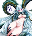  1girl ? absurdly_long_hair bangs black_legwear blue_gloves blue_hair blush bottomless braid breasts center_opening collarbone colored_eyelashes covered_mouth cowboy_shot crossed_arms dragon_girl dragon_horns dragon_tail elbow_gloves eyebrows_visible_through_hair eyelashes eyes_visible_through_hair fate/grand_order fate_(series) gloves groin hair_between_eyes highres horns iota kneehighs leaning leaning_to_the_side long_hair looking_away looking_down markings medium_breasts navel pink_eyes pointy_ears pussy scales shadow sidelocks solo speech_bubble spoken_question_mark stomach striped striped_clothes striped_gloves symbol-shaped_pupils tail thick_eyebrows thigh_gap tiamat_(fate/grand_order) tsurime twin_braids very_long_hair white_background x_arms 